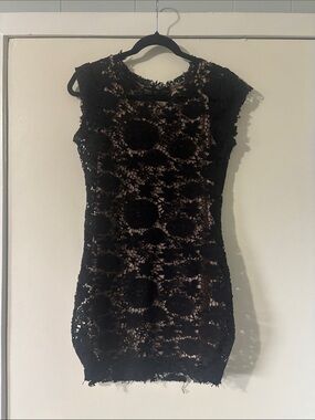 glam Black Lace Mini Dress with Nude Underlay